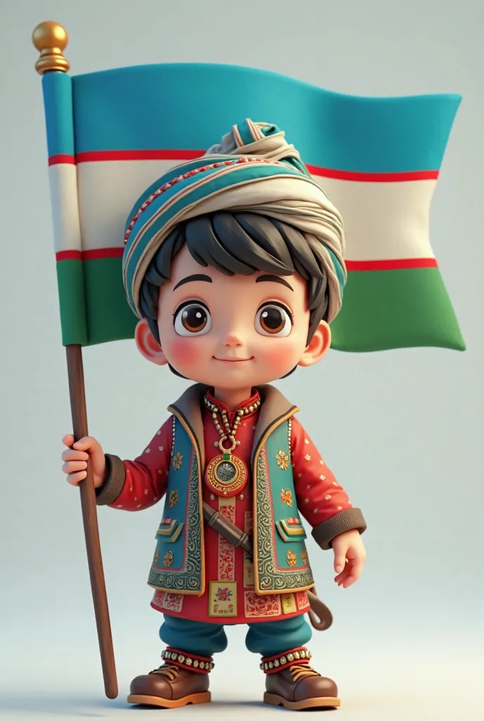 Young ren 3- hold the Uzbek flag dressed in Adras and tubes 3D anime style 