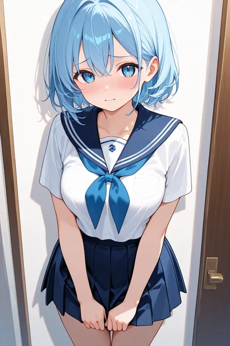 An 18-year-old girl with smooth and medium whitish blue hair,  blue eyes, wearing a Japanese school uniform with a short skirt. She is thin, Do you have medium breasts and hips marked on the uniform. The girl is embarrassed and looking directly at you with...