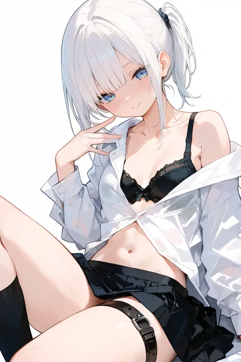 1girl, solo, navel, blue_eyes, open_clothes, skirt, looking_at_viewer, shirt, simple_background, white_shirt, open_shirt, black_skirt, white_background, black_bra, long_hair, thigh_strap, bra, stomach, smile, underwear, long_sleeves, socks, white_hair, off...