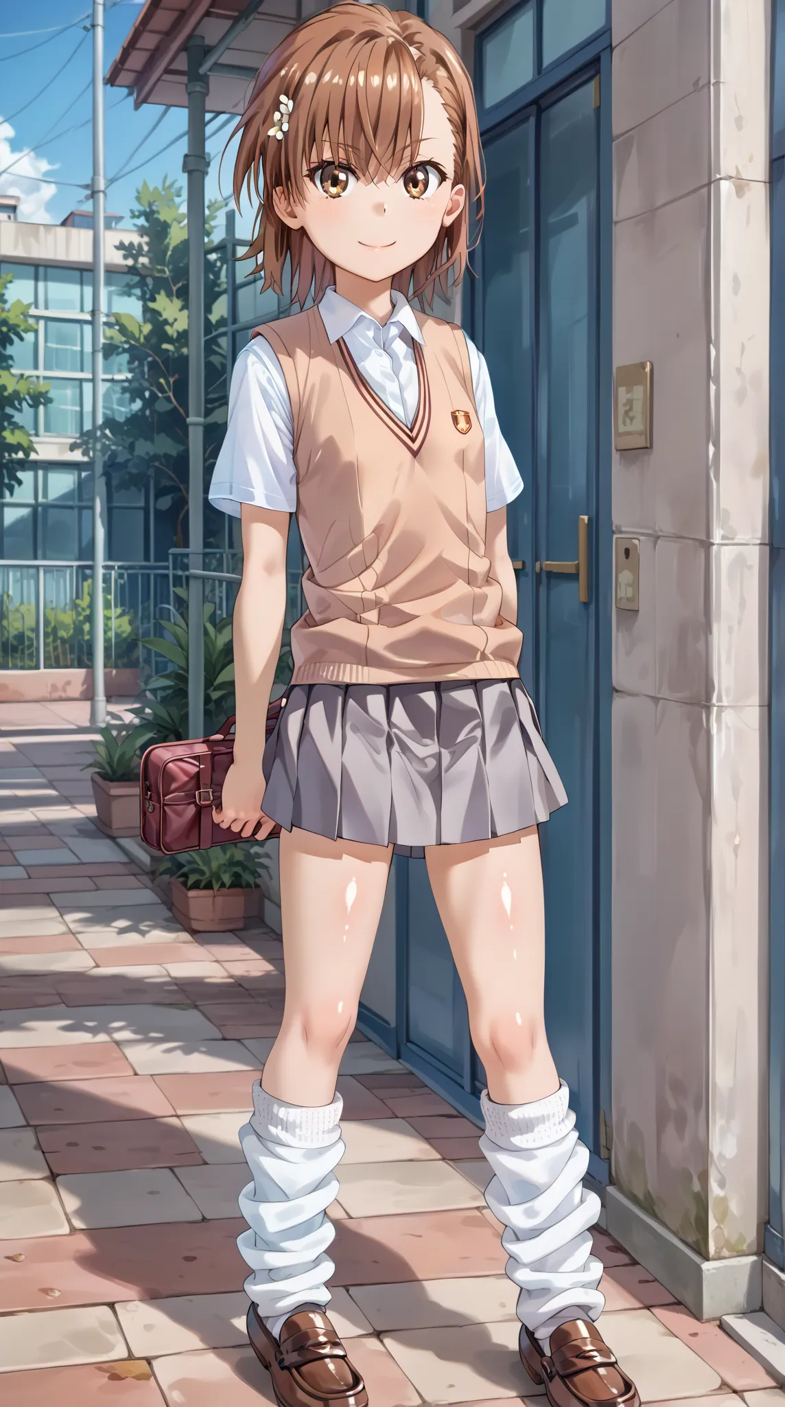 (UHD, retina, masterpiece, accurate, anatomically correct, super detail, high details,   highres, 1080P, 16k、high detail RAW color art:1.3)、 (misaka mikoto:1.3)、(short hair, brown hair:1.3)、(very flat chest:1.5)、(skirt, shirt, school uniform, white shirt, ...