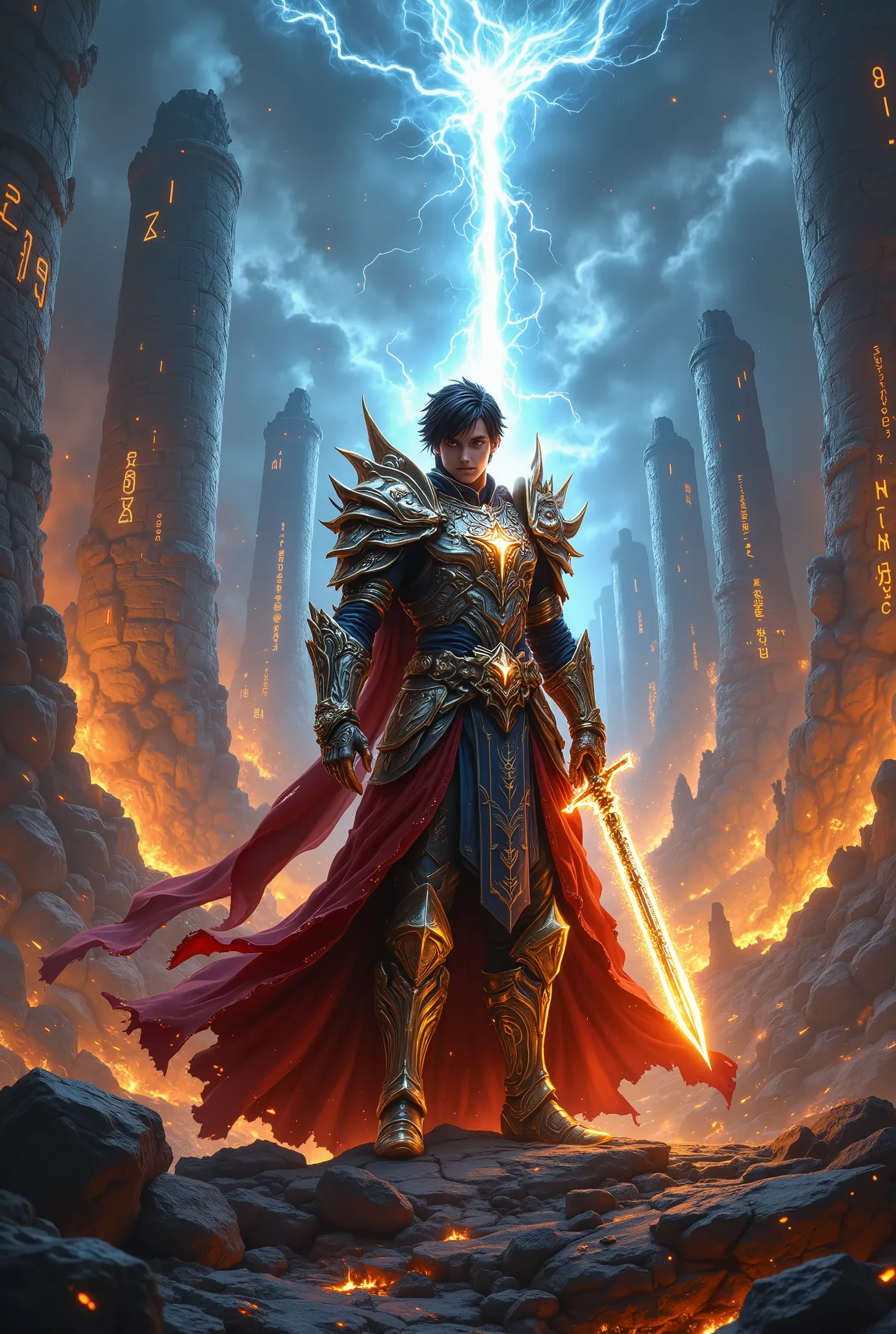 "Create an epic and breathtaking fantasy scene of a young male magic warrior clad in radiant, intricately designed holy armor that glows with divine energy. He stands confidently on a chaotic battlefield filled with mystical warriors unleashing powerful ma...