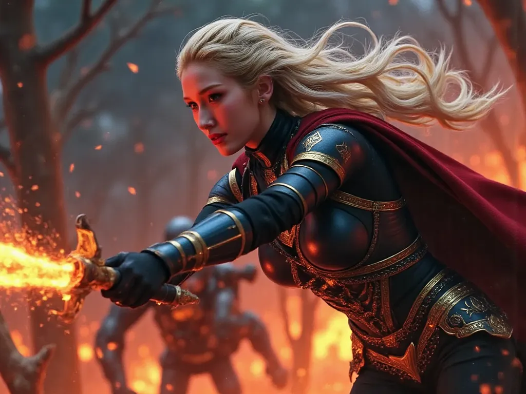 beautiful woman blonde haired female swing a large sword ,the sword are on fire, blue fire sword, in black and gold full armor costume, wearing dark  red caped Surrounded by a burning forests, red and orange, surrounded by enemies, at night, close up her f...