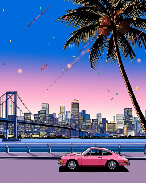 80's city pop art, summer scenery, (wind lines), palm tree, particles, porsche 356, Seascape, tropical, shop, gradient sky, early evening, belt of venus, suspension bridge, seashore, sunset,  skyscraper,   . (masterpiece, best quality:1.2) 