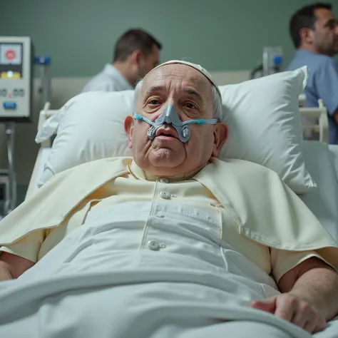 very old and wise (popefluxlora) Pope Francis /( chubby and swollen due to water retention)/, respirator on the face and mouth for breathing, small tubes in the nose, laying on a bed in an hospital room with drip inserted into arm. bloated and puffy, ill a...