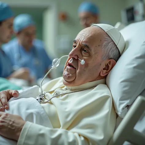 very old and wise (popefluxlora) Pope Francis /( chubby and swollen due to water retention)/, respirator on the face and mouth for breathing, small tubes in the nose, laying on a bed in an hospital room with drip inserted into arm. bloated and puffy, ill a...