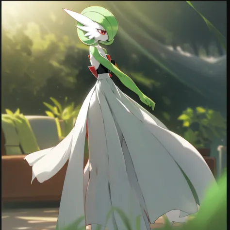  best quality,  Gardevoir, Pokémon, 1 ,  alone, short height,   red eyes,   green hair ,   beautiful, small mouth, blink, thin, ,   slender body,   looking at the viewer ,  blurry background,  outdoor, rocky terrain, casting magic,  psychic magic ,  full b...