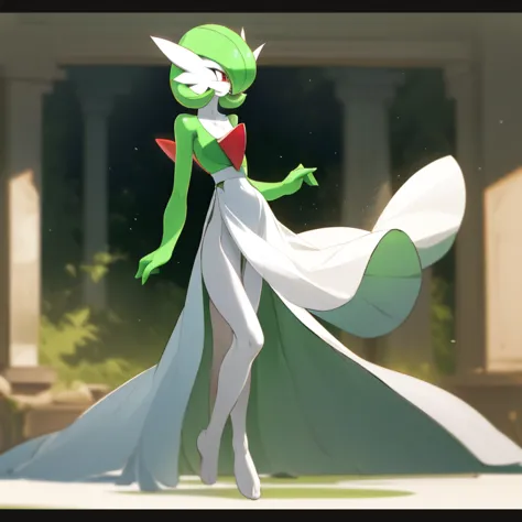  best quality,  Gardevoir, Pokémon, 1 ,  alone, short height,   red eyes,   green hair ,   beautiful, small mouth, blink, thin, ,   slender body,   looking at the viewer ,  blurry background,  outdoor, rocky terrain, casting magic,  psychic magic ,  full b...