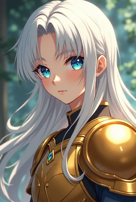  An anime boy,,  with white hair,  long hair,  fringe on the face,  shiny blue eyes, beautiful, Beleza, straight and super groomed hair ,  golden armor,  Japanese anime .