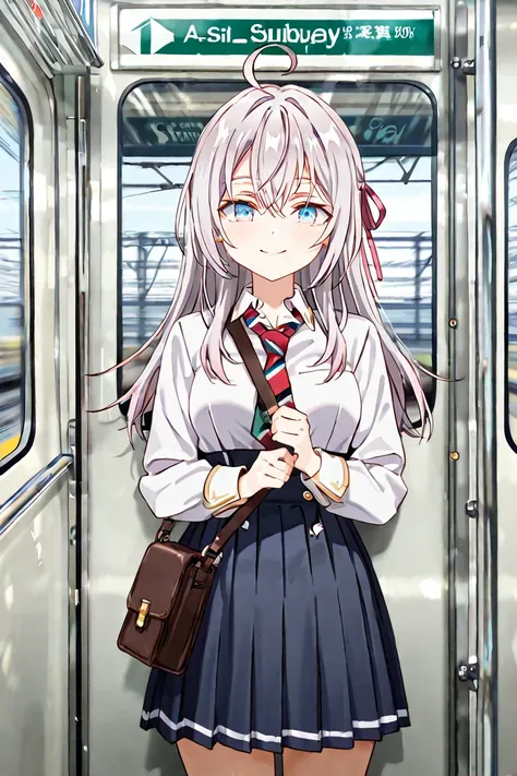 1girl, alisa mikhailovna \(alya sometimes hides her feelings in russian\), a high-resolution photograph,A photograph of an girl with fair skin,standing on a subway train. She has straight long hair,and wears a white blouse, Navy blue and white striped tie,...