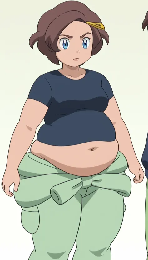 shaqi,1girl,brown hair,short hair,blue eyes,shirt,green pants,anime screencap,score_9,simple background, weightchubby, weightobese, weightimmobile, exposedbelly, fatnavel, roundbelly weightchubby, weightobese, weightimmobile, exposedbelly, fatnavel, roundb...