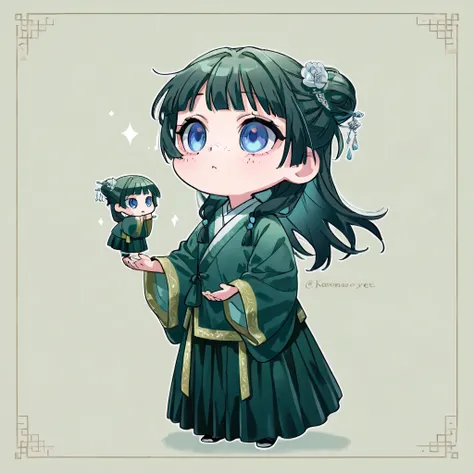 chibi,1girl,Masterpiece, top quality, high resolution, very detailed,maomao、 long hair、bangs、 blue eyes、 {{silver ornate hairpin}}、hair ornament、 green hair、Freckles、 bun hair、 single bun, kimono、Robe、green Robe、 Long Sleeve、wide sleeve 、 skirt、led skirt,c...