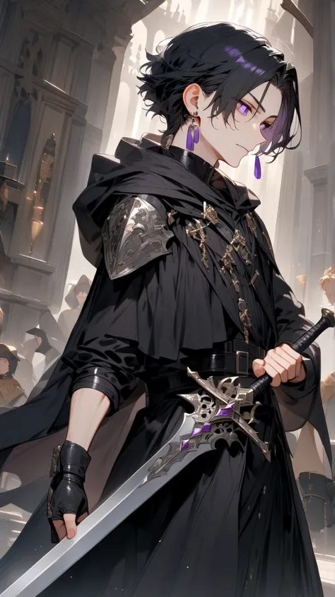 A boy with black hair and purple eyes, wearing long earrings, wearing a black outfit, holding a knight's sword.