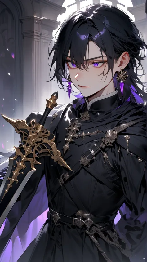 A boy with black hair and purple eyes, wearing long earrings, wearing a black outfit, holding a knight's sword.