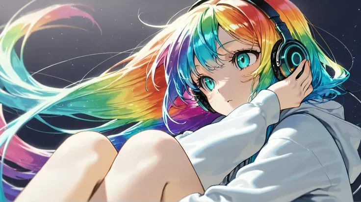 1 girl, clear, The side of the face , Aqua Eyes, Rainbow hair , long hair, Colorful inner bristles, headphones, hoodie