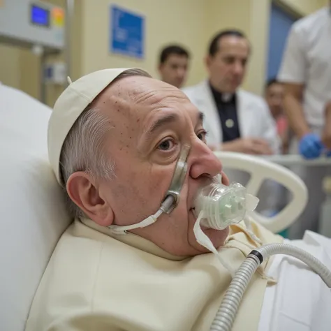 very old and wise (popefluxlora) Pope Francis /( chubby and swollen due to water retention)/, respirator on the face and mouth for breathing, small tubes in the nose, laying on a bed in an hospital room with drip inserted into arm. bloated and puffy, ill a...