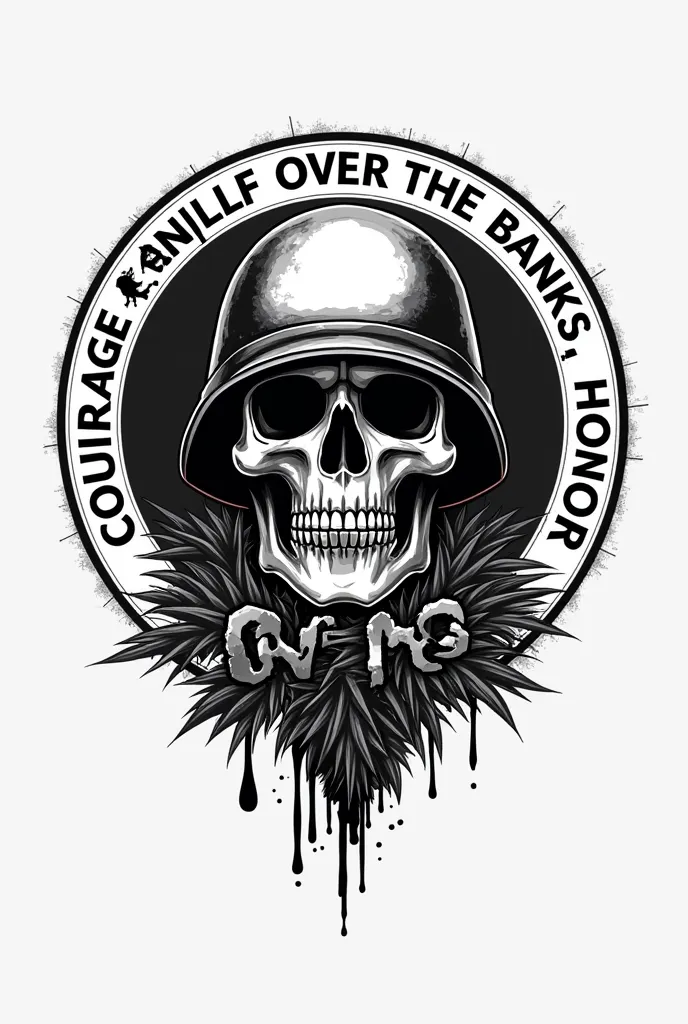  draw a circle in the circle write in the middle of PMS death,also, in a circle, draw a skull in a military helmet and courage over the banks ,honor wow ,Colors black and white 