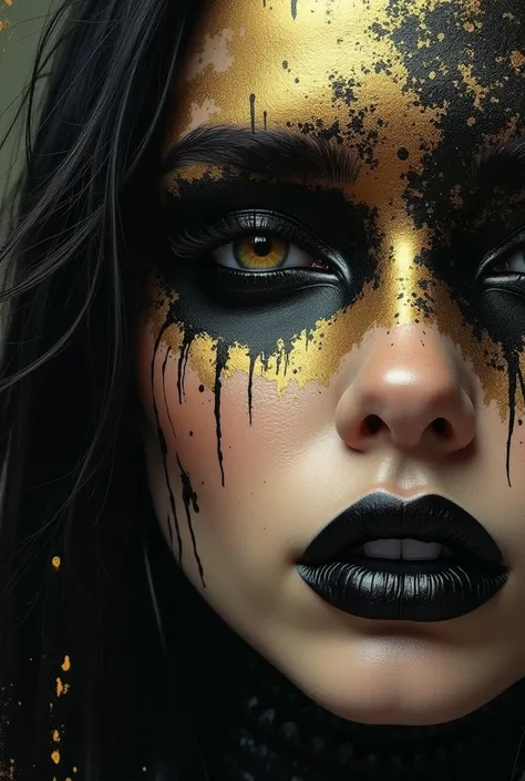 a close up of a woman with a black and gold face, poster art by Adam Marczyński, trending on cgsociety, gothic art, abstract portrait, trending artistic art, black gold ink dripping, gorgeous art, abstract face, expressive beautiful painting, gold and blac...