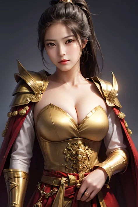 (Close-up of a woman wearing armor and a golden cloak up to the waist:1.2), 1 person, cute ponytail ,Age 30,(((Real Face))),Closeup of a woman wearing large breasts and creevage ,Cleavage exposed,Scary face,  very detailed facial and skin textures, staring...