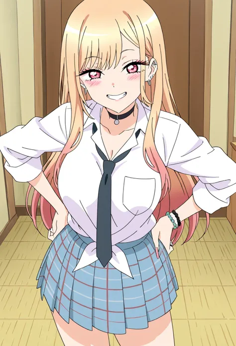 1 girl solo, Marin Kitagawa, (My Dress-Up Darling), smiling, cheerful expression, pink eyes,, blonde hair with pink tips, long hair, busty, wearing school uniform (white blouse, blue plaid skirt, black tie), standing, hands on hips, anime style, cel shadin...