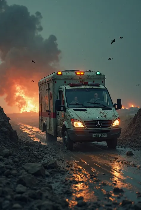 Case 3 :
(Champ de bataille, route boueuse parsemée de cratères. Ravel au volant d’une ambulance cabossée, des explosions illuminent le ciel nocturne. Un blessé gémissant est allongé à l’arrière.)