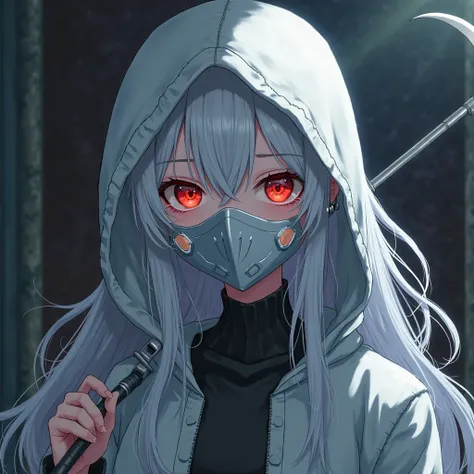  full body , Anime with a sickle and a sword in a dark room,  a character portrait inspired by Li Chevalier , pixiv, fantastic art,  white-haired divinity , portrait of a female mage, she ,   and two eyeglass lenses sewn into the white mask on the hood,  a...