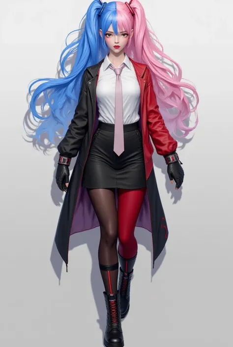  realistic,  high details, I cut it whole, Woman with colored hair. divided in half in blue and pink, very pale skin white shirt . Half-loose tie, black open jacket with red sleeves, black mittens with red details, short black school skirt, Long pants with...