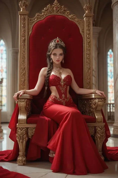 A young queen richly adorned with ruby ostensible jewelry, dressed in transparent red garments and silk, brunette, very long hair semi braided, green eyes is being coronated in a throne room filled with the court guests, wearing a massive crown encrusted w...