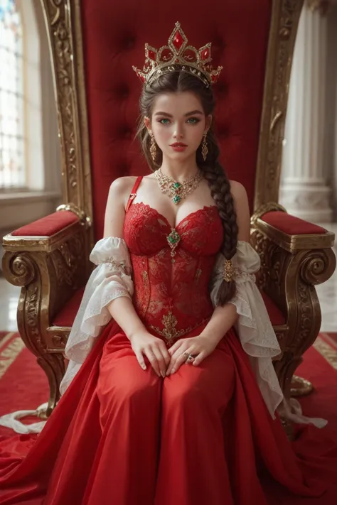 A young queen richly adorned with ruby ostensible jewelry, dressed in transparent red garments and silk, brunette, very long hair semi braided, green eyes is being coronated in a throne room filled with the court guests, wearing a massive crown encrusted w...