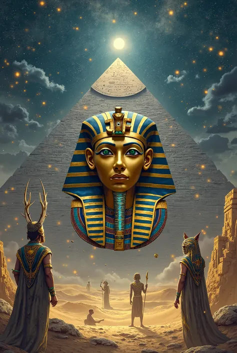 A surreal, mystical Egyptian night scene featuring a grand pyramid under a celestial sky filled with glowing stars, cosmic nebulae, and a full moon. The central focus is a golden Pharaoh mask with intricate blue and gold detailing, floating in front of the...