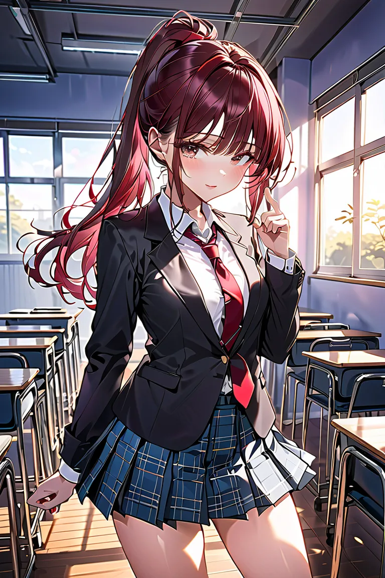 ( best quality:1.2,   anime artwork ,   anime style,   studio animation ,  very well detailed,  latest,  vibrant,  anime coloring,  high contrast,  masterpiece:1.2,  best quality,  Best Aesthetics),   blue plaid pleated skirt  :1.5,  Red Necktie :1.5, Blac...