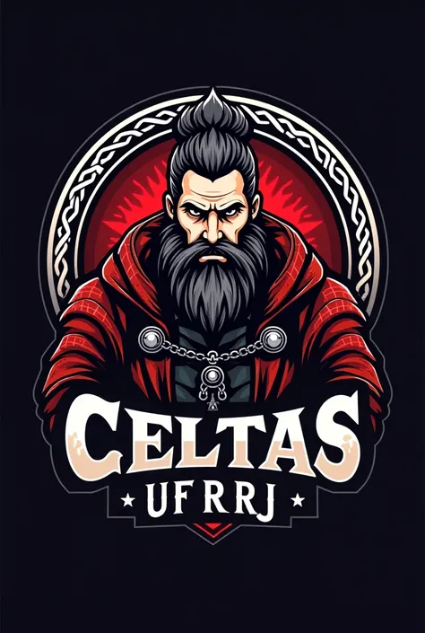 Create a logo for an athletic team with the name CELTAS UFRRJ with a Celtic gentleman representing.  in the colors red ,  black and silver .