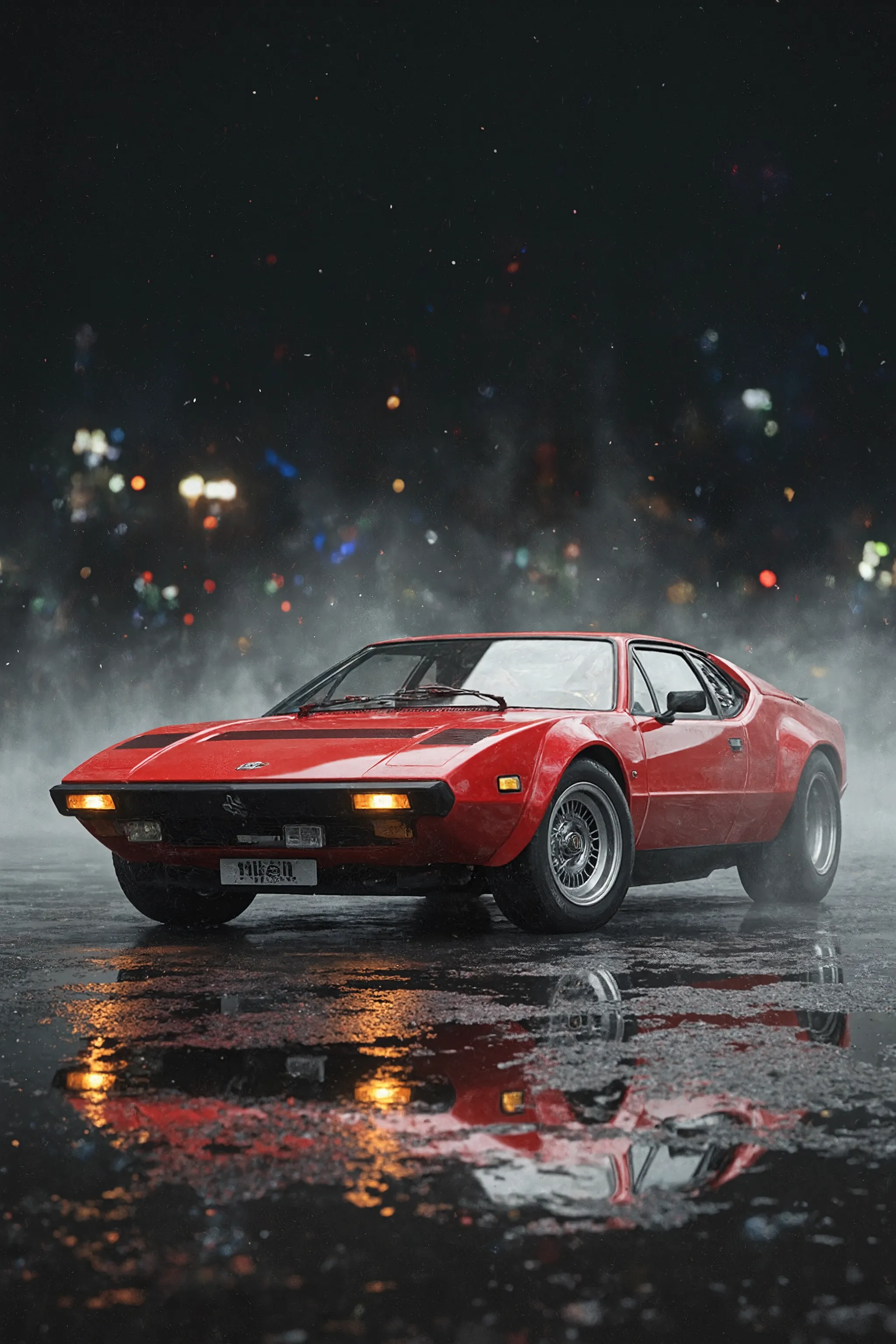 Cinematic-style, ultra high-fidelity digital painting of a De Tomaso Pantera in vibrant red. The sleek, wedge-shaped body features sharp angular lines, wide fender flares, deep-dish silver rims, blacked-out headlight covers, and "Carello" fog lights. The s...