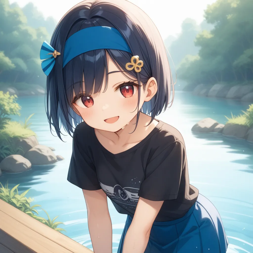 score_9、score_8_up 、score_7_up 、source_anime、 1 girl、solo、 short dark hair 、 bob cut 、(amount)、(Hairpin parted to the center of the bangs )、 red eyes、Petite、smile、 open your mouth、( black shirt with arms rolled up)、clock、( blue headband))、 blue skirt、(( we...