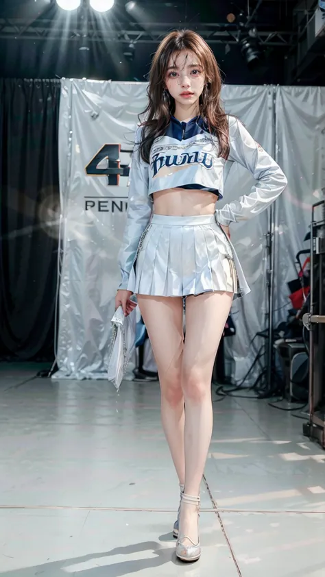 A beautiful young Japanese woman, 20 years old, with perfect anatomy, healthy thighs, beautiful feet, flawless skin, random hair color and style, large bust, (she is standing:1.2), wearing a cheerleader uniform with micro-pleated miniskirt, in a full body ...