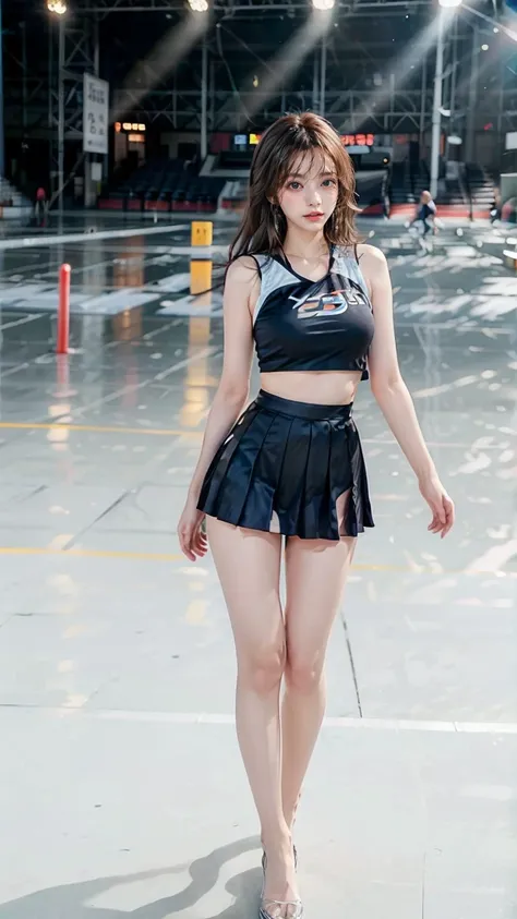 A beautiful young Japanese woman, 20 years old, with perfect anatomy, healthy thighs, beautiful feet, flawless skin, random hair color and style, large bust, (she is standing:1.2), wearing a cheerleader uniform with micro-pleated miniskirt, in a full body ...