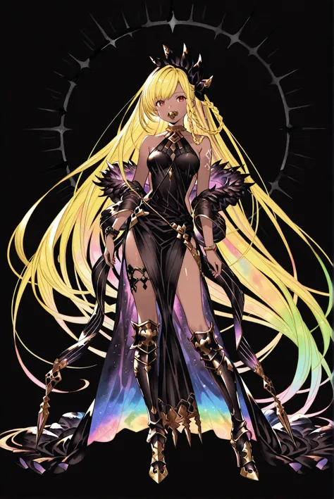 ( stands,whole body, high heels, front view,Standing picture:1.7),HoleHeels,oval/Circle/Thorn/Horn Heels,armored [Boots, [Boots, Panarmour, leg brace , fur trim, , Limited Color Palette, Black Background ,Colorful, vivid colors ,Flashing silhouette ,ne...