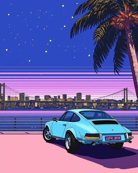 80's city pop art, summer scenery, (wind lines), palm tree, particles, porsche 356, Seascape, tropical, gradient sky, early evening, belt of venus, suspension bridge, seashore, sunset,  skyscraper,   . (masterpiece, best quality:1.2) 