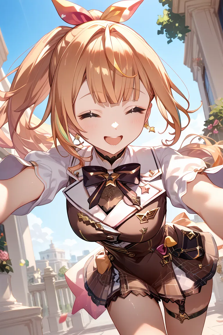  Nijisanji, hololive, Hoshikawa Sarah, high resolution,  anatomically correct,  textured skin,  Gold,  ponytail,  thighs, smiles,  happy/joy,  smile,  cinematic angle