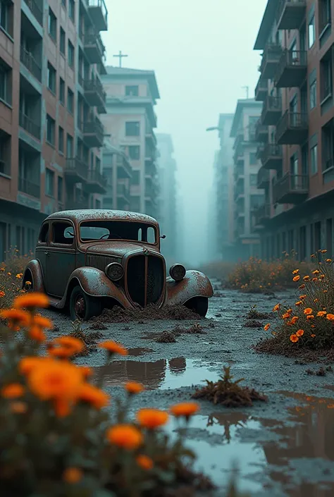 Create an apocalyptic landscape of an abandoned city with a wrecked car and mud. Shades of blue and maroon .  In the foreground, orange flowers growing breaking the asphalt .   Realistic



