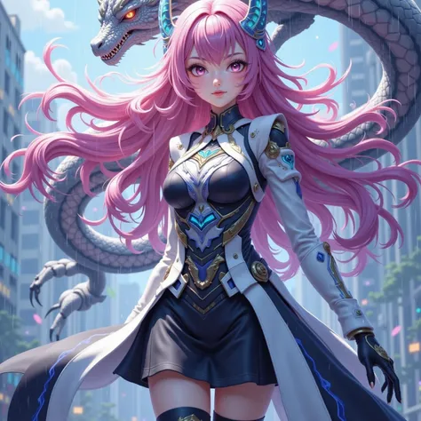 Motion Capture：1.5.Beautiful fine silver dragon, one girl, small breasts, beautiful and delicate eyes, beautiful and delicate long pink hair, wavy hair, mecha costume, robot girl, mechanical cyberpunk wings, background of the city sky, a dragon standing be...