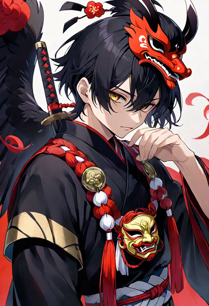 1 male、black tengu costume  、   tengu mask、       black hair、   short hair 、 look here 、   