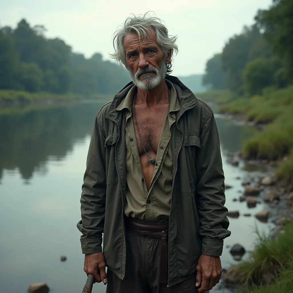 full-length homeless man against the background of the river