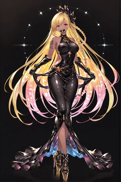 （ stands，whole body， high heels， front view，Standing picture:1.7)，HoleHeels，oval/Circle/Thorn/Horn Heels， 1girl , black rubber suit, large breasts, gauntlets, wide hips
   , Limited Color Palette, Black Background ,Colorful, vivid colors ,Flashing silhouet...