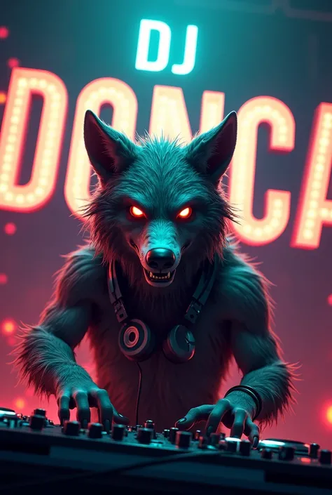 I want a custom image that's an animated zombie wolf that doesn't look too evil, Let him be a male DJ, And let it say “Dj Donca” with a striking background 