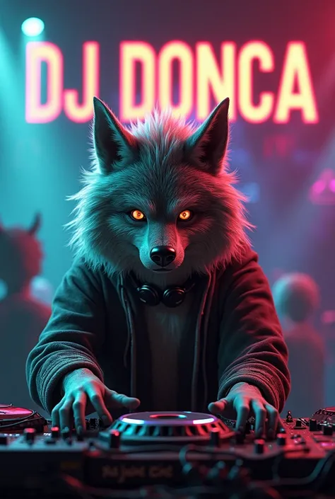 I want a custom image that's an animated zombie wolf that doesn't look too evil, Let him be a male DJ, And let it say “Dj Donca” with a striking background 