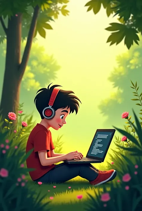  Creat animation image the image is character of boy and he use his laptops and write a code and listen by the headphone music in the midal of the butiful green environment 