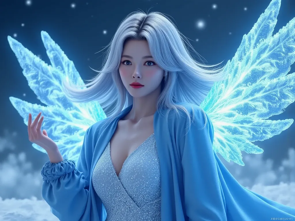 imperial water，A magician，glowing silver hair ,blue eyes,wearing shining loose dress,wearing Blue Silk Robe，Mysterious magical formations， blue glitter，huge magical ice wings.Powerful glowing brightly Ice Magic on her hand，powerful ice aura coming from her...