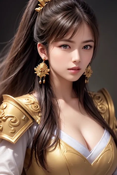 ((Close-up of a woman wearing armor and a golden cloak up to the waist:1.2)), 1 person, cute ponytail ,20 years old,(((Real Face))),Closeup of a woman wearing large breasts and creevage ,Cleavage exposed,Scary face,  very detailed facial and skin textures,...