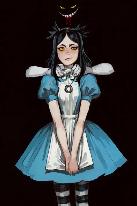 masterpiece,best quality,good quality,newest,very awa,absurdres,highres,cannedmos, mcgeealice, blue dress, puffy short sleeves, white apron, striped pantyhose, necklace, 1girl, smirk, narrowed eyes, black hair, hands around neck, being strangulated,  messy...