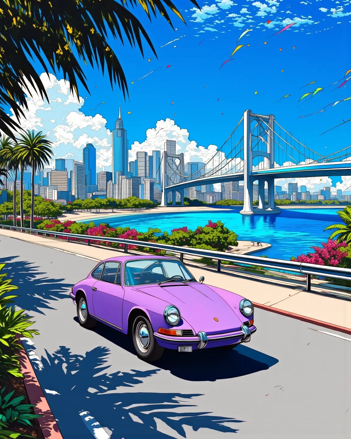 80's city pop art, (wind lines), palm tree, particles, porsche 356, blue sky, cityscape, Seascape, suspension bridge, tropical, skyscraper, summer scenery,   . (masterpiece, best quality:1.2)